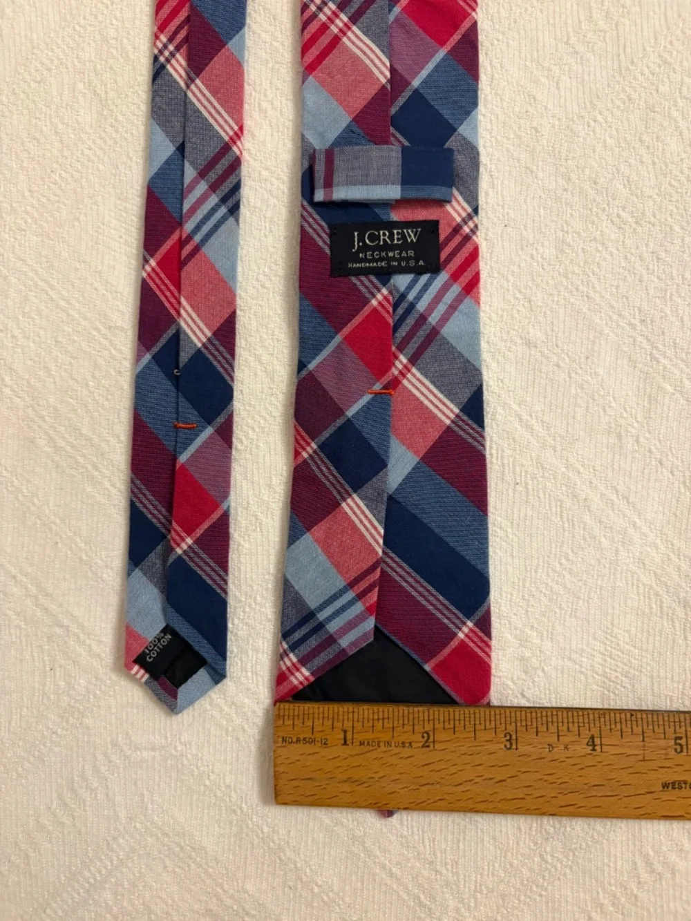 J.Crew Mens Plaid Cotton Slim Necktie Red Navy Blue
